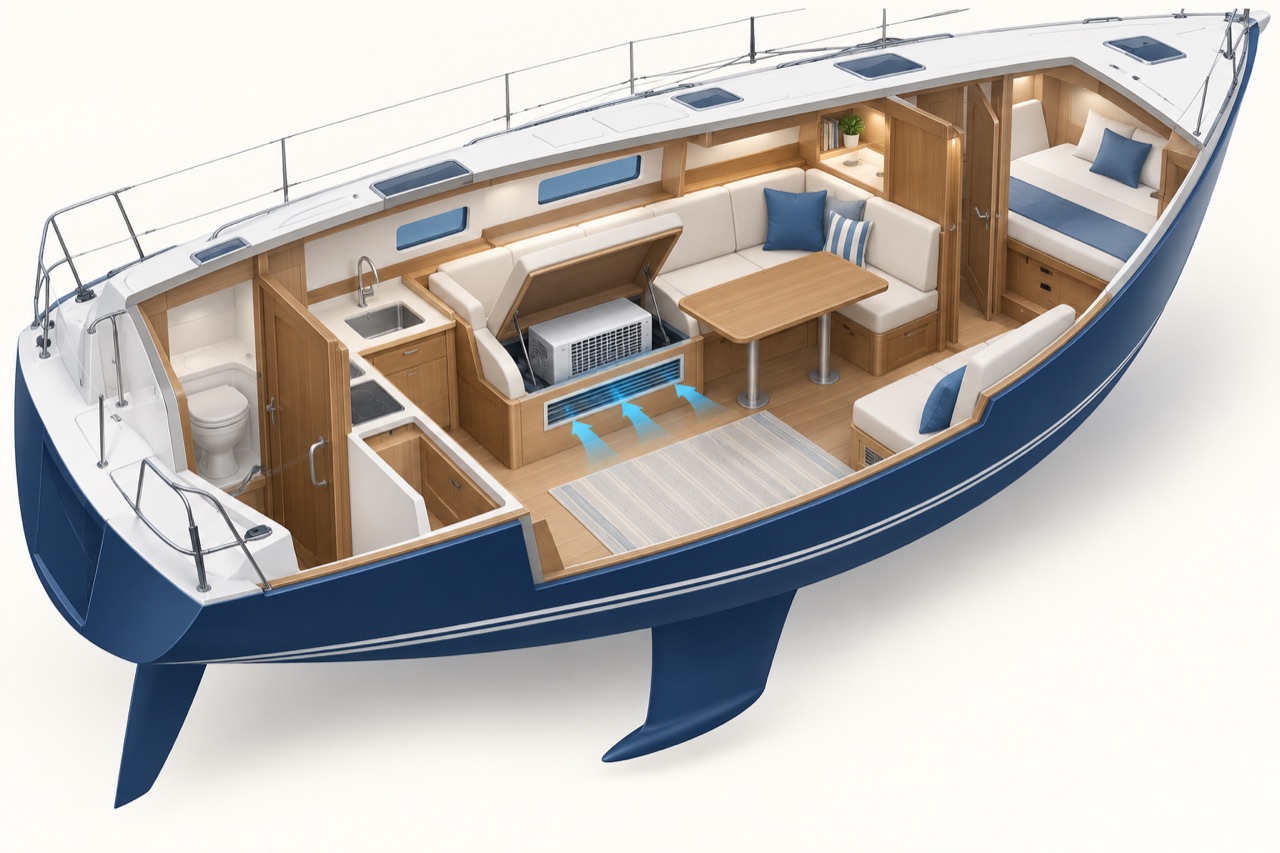 Conceptual yacht interior with cooling equipment beneath a saloon bench