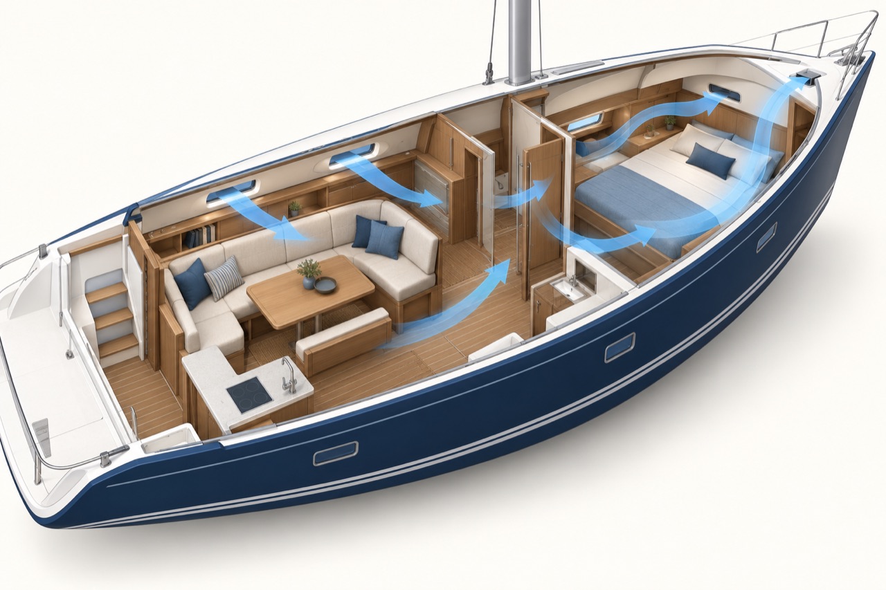 Conceptual airflow through a yacht saloon and sleeping cabin
