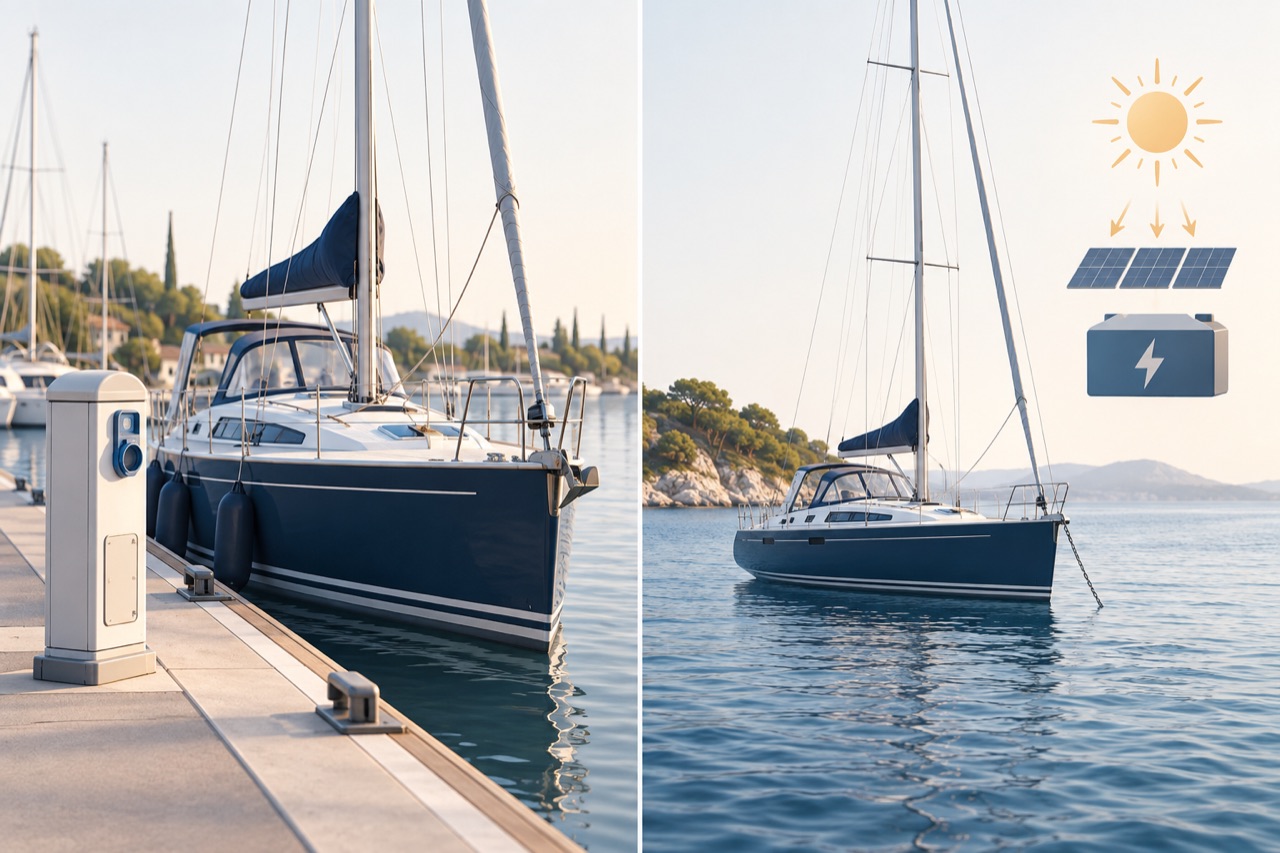 Illustrated comparison of a yacht at a marina and a yacht at anchor
