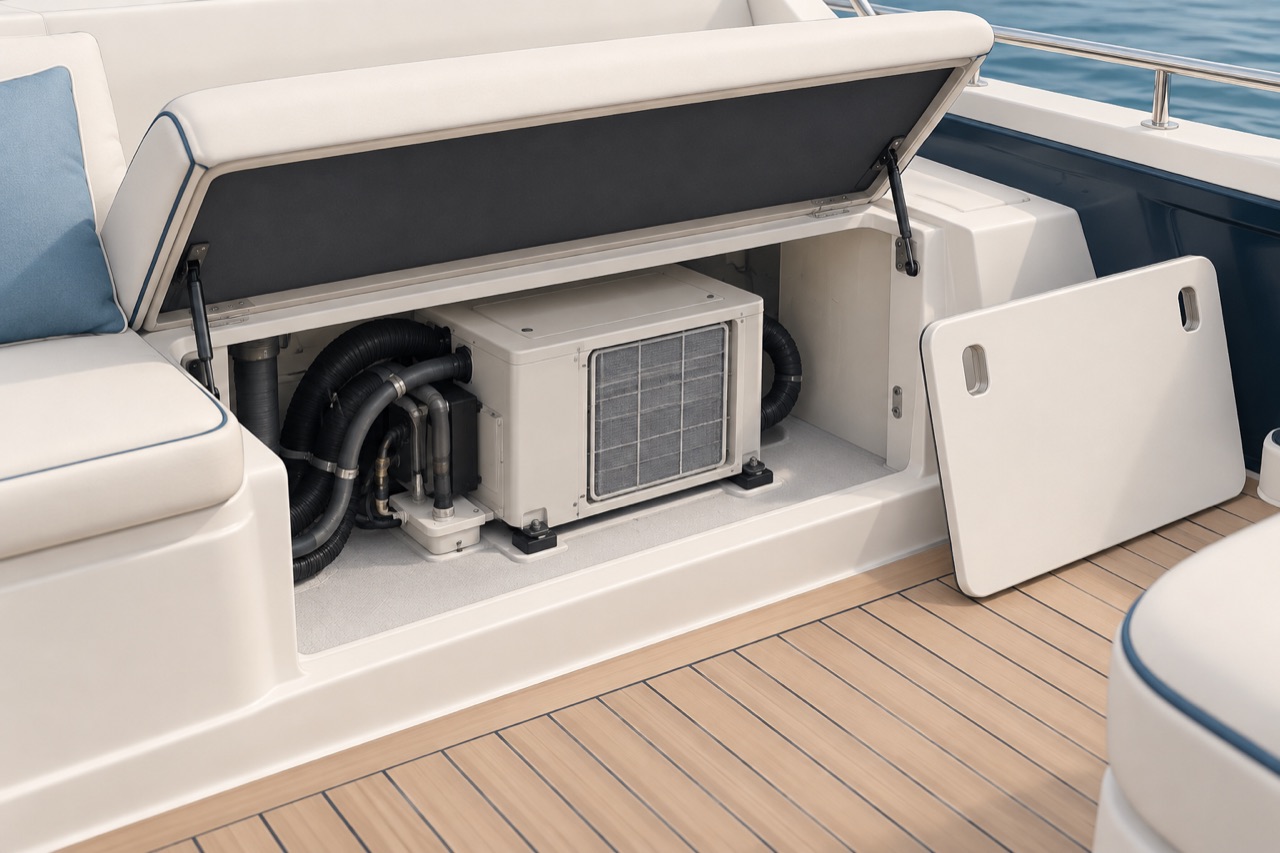 Illustrative yacht equipment locker with open access panel