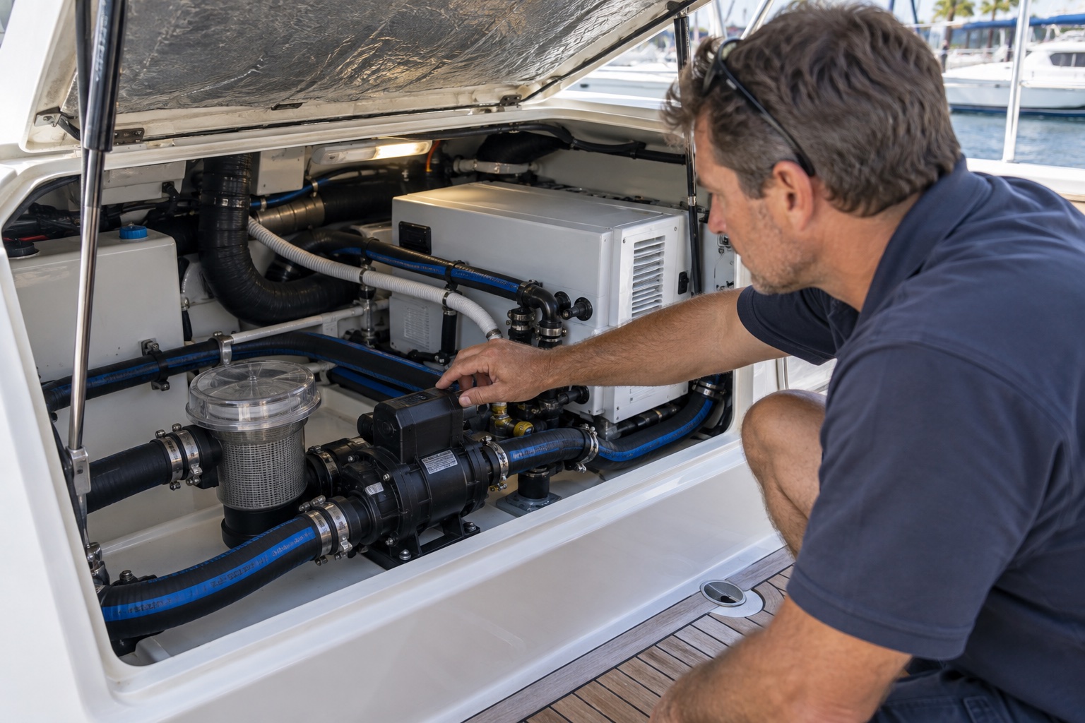Marine technician inspecting an accessible yacht air-conditioning installation with pump, strainer and cooling-water hoses