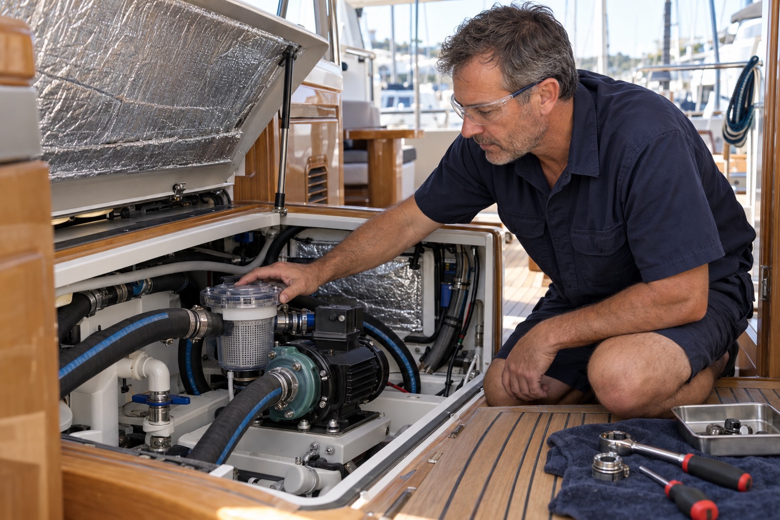 Marine technician checking an accessible seawater strainer and pump aboard a sailing yacht
