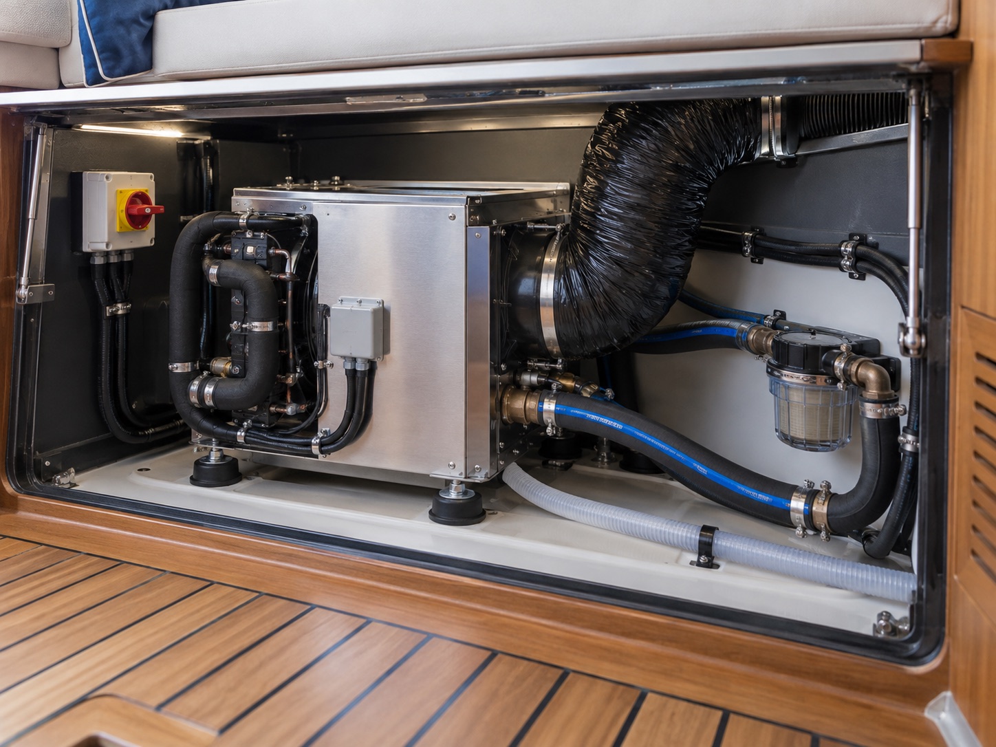 Compact self-contained marine air conditioner installed beneath a yacht settee with ducting, seawater hoses and an accessible strainer