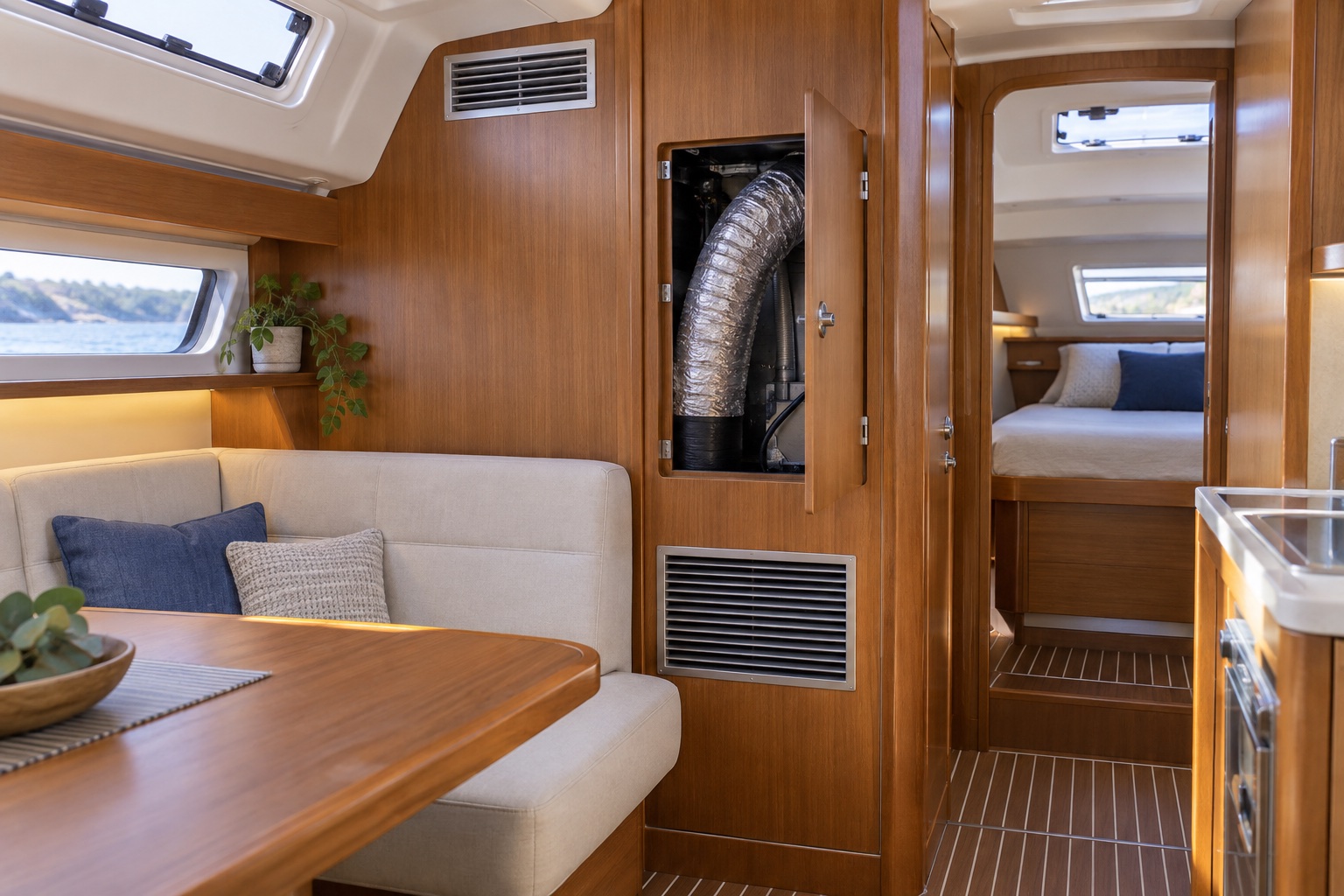 Yacht saloon with a high supply grille, low return grille and accessible insulated air-conditioning duct