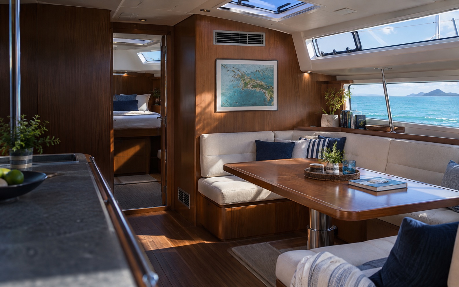 Air-conditioned sailing yacht saloon with timber cabinetry and discreet supply and return-air grilles