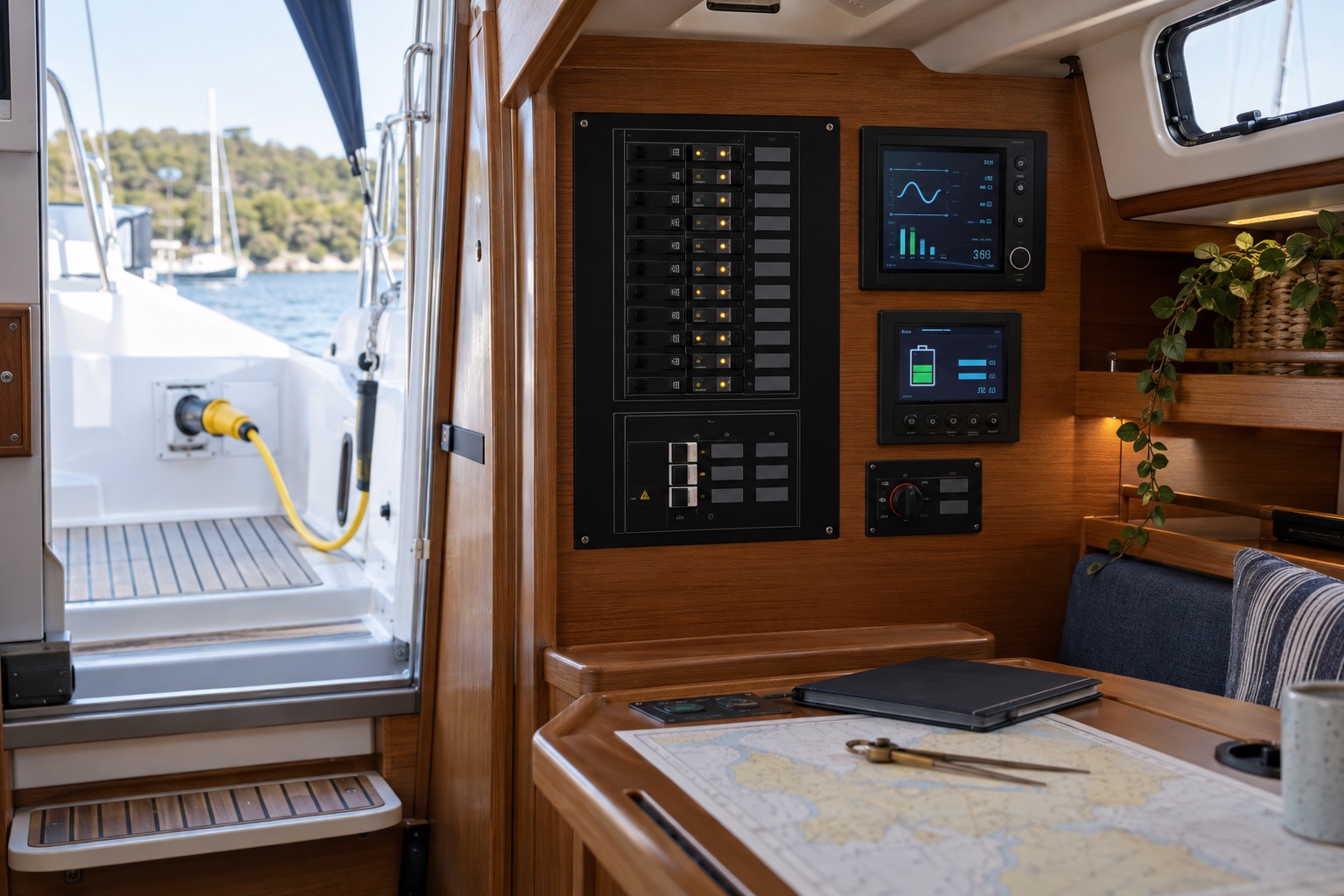 Modern yacht navigation station with a marine 240-volt distribution panel, battery monitors and shore-power lead